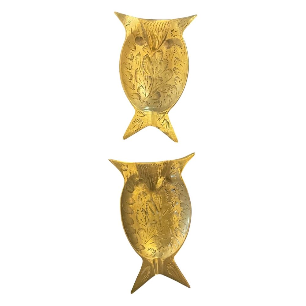 Pair of vintage midcentury owl etched brass trinket/ring dish Sarna Brass